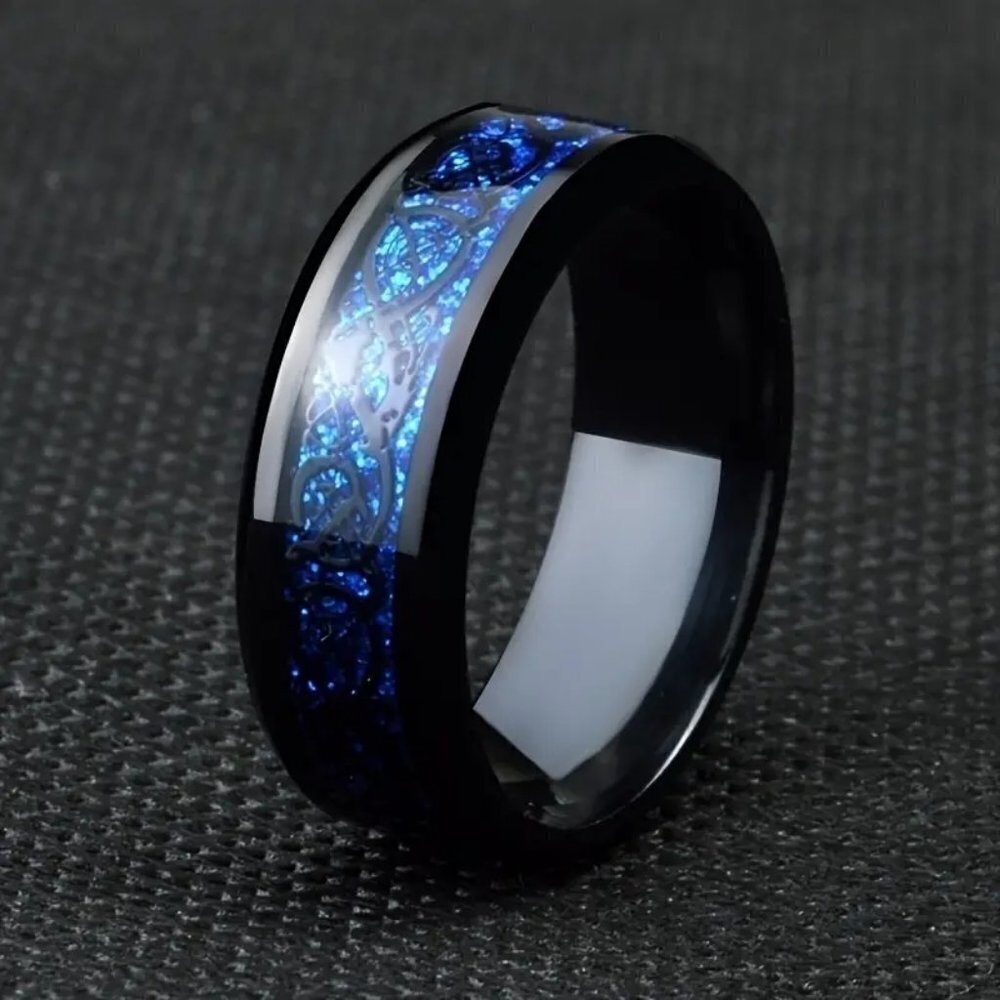 Tungsten Steel Carbide Center Zircon Carved Men's Ring in Beautiful Blue & Black